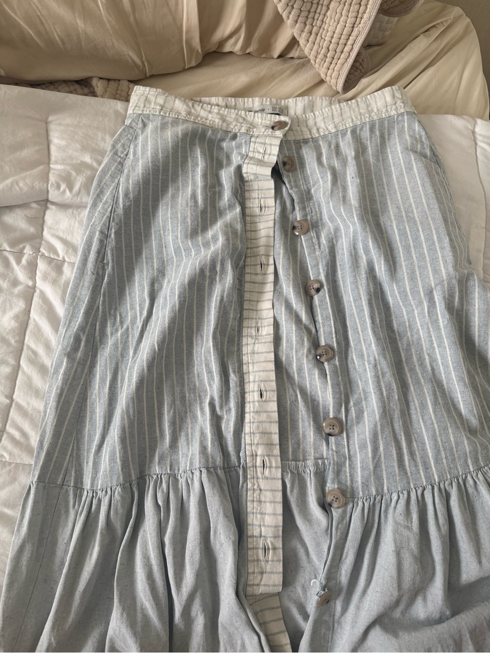 Madewell Light Blue and White Striped Tiered Maxi Skirt